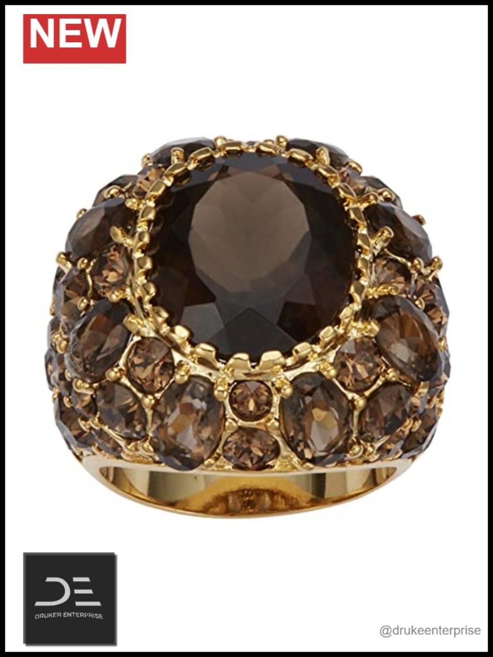 Gold Plated Oval Cut Genuine Smoky Quartz Crystal Cocktail Ring